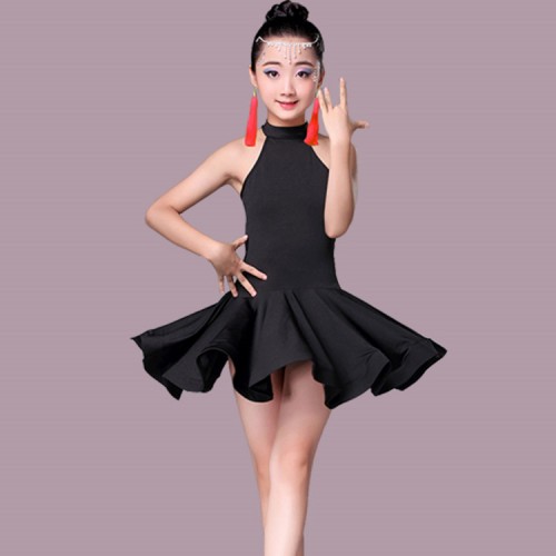 Girls latin dresses pink black mint stage performance ballroom salsa chacha rumba dance dresses